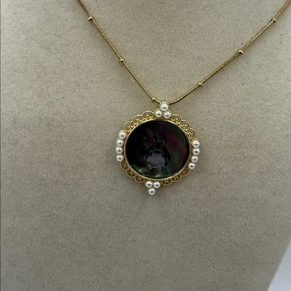 Round Gold Tone Silver 925 and Black Shell Totoro Pendant on Ball Chain - Picture 2 of 9